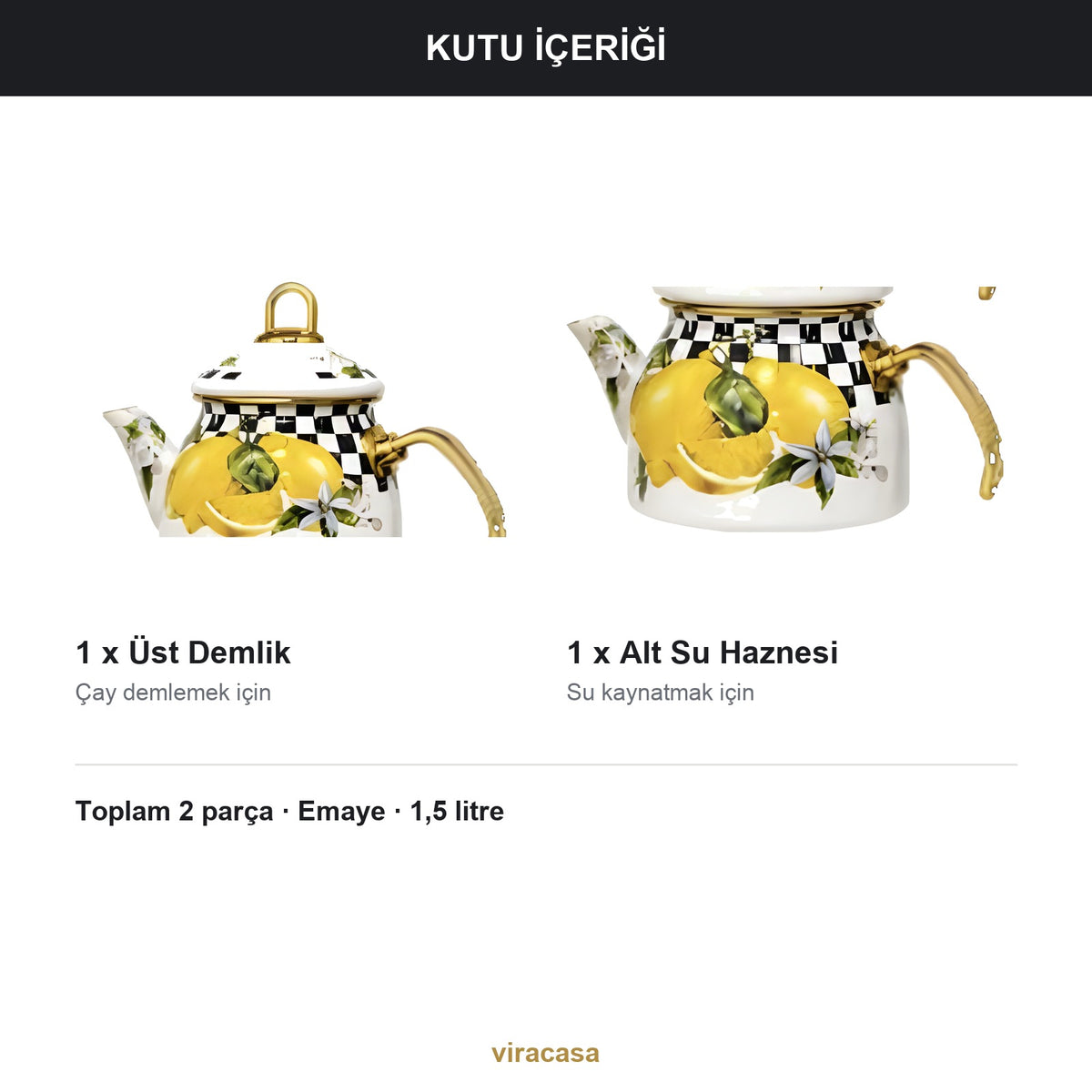 Emaye Çaydanlık Takımı 1,5 L Dama Model Altın Kulplu 2 – yakın çekim