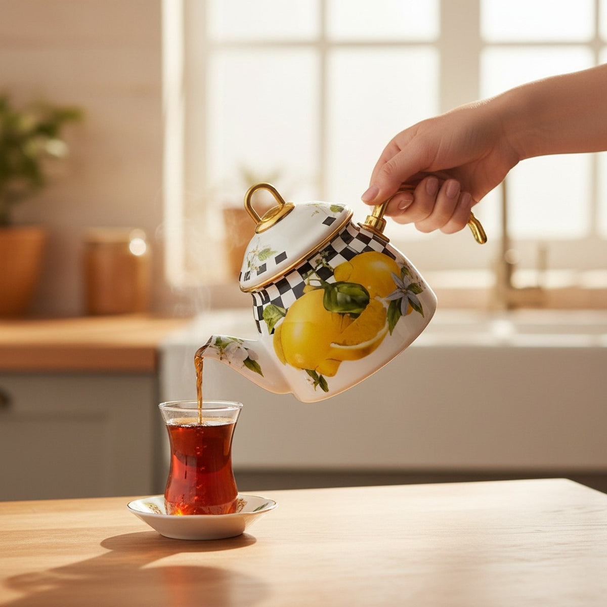 Emaye Çaydanlık Takımı 1,5 L Dama Model Altın Kulplu 2 – yakın çekim