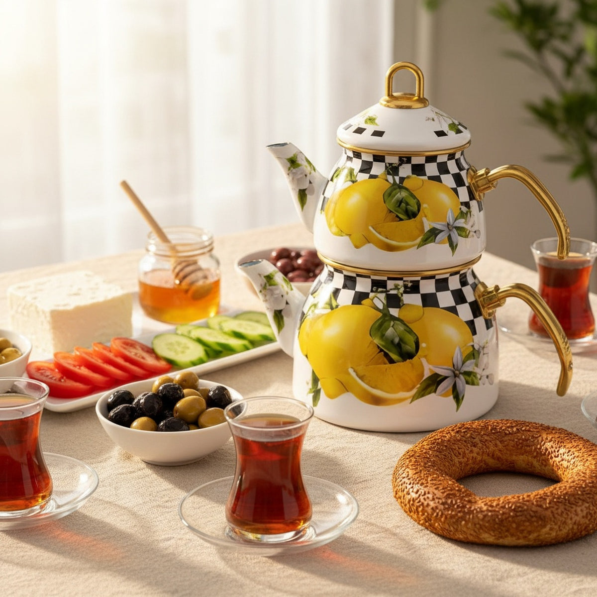 Emaye Çaydanlık Takımı 1,5 L Dama Model Altın Kulplu 2 – yakın çekim