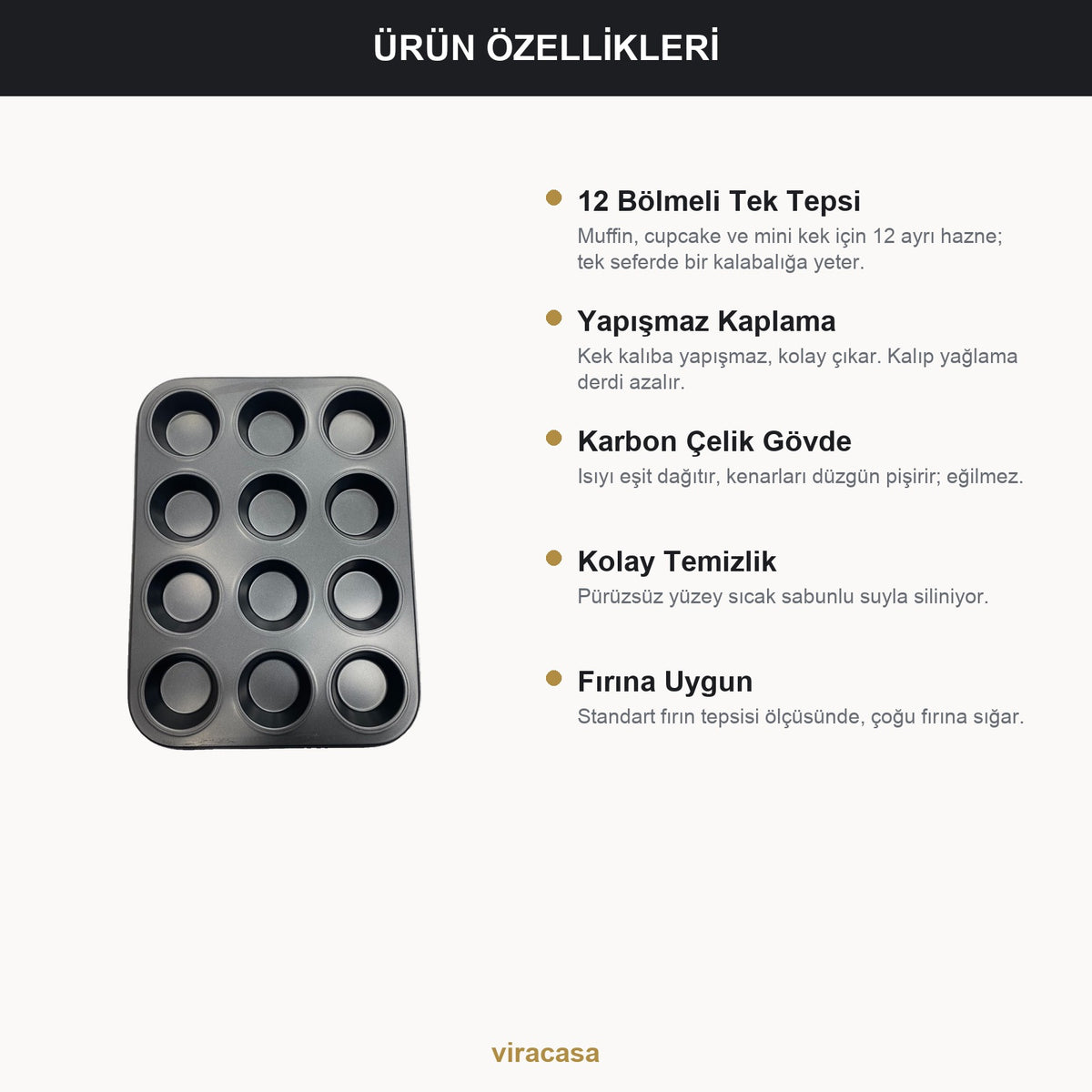 12'li Muffin ve Cupcake Fırın Tepsisi Yapışmaz Kek Kalıbı Karbon Çelik 35x27 cm