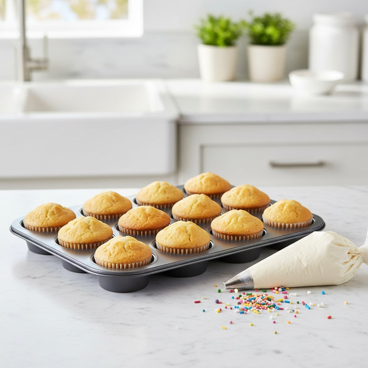 12'li Muffin ve Cupcake Fırın Tepsisi Yapışmaz Kek Kalıbı Karbon Çelik 35x27 cm