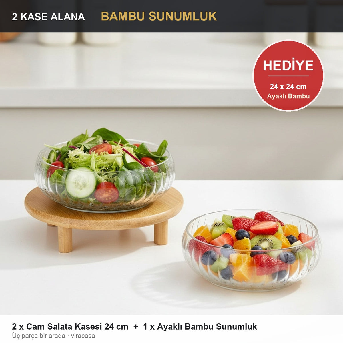 2'li Cam Salata Kasesi 24 cm + HEDİYE Ayaklı Bambu Sunumluk Servis Seti