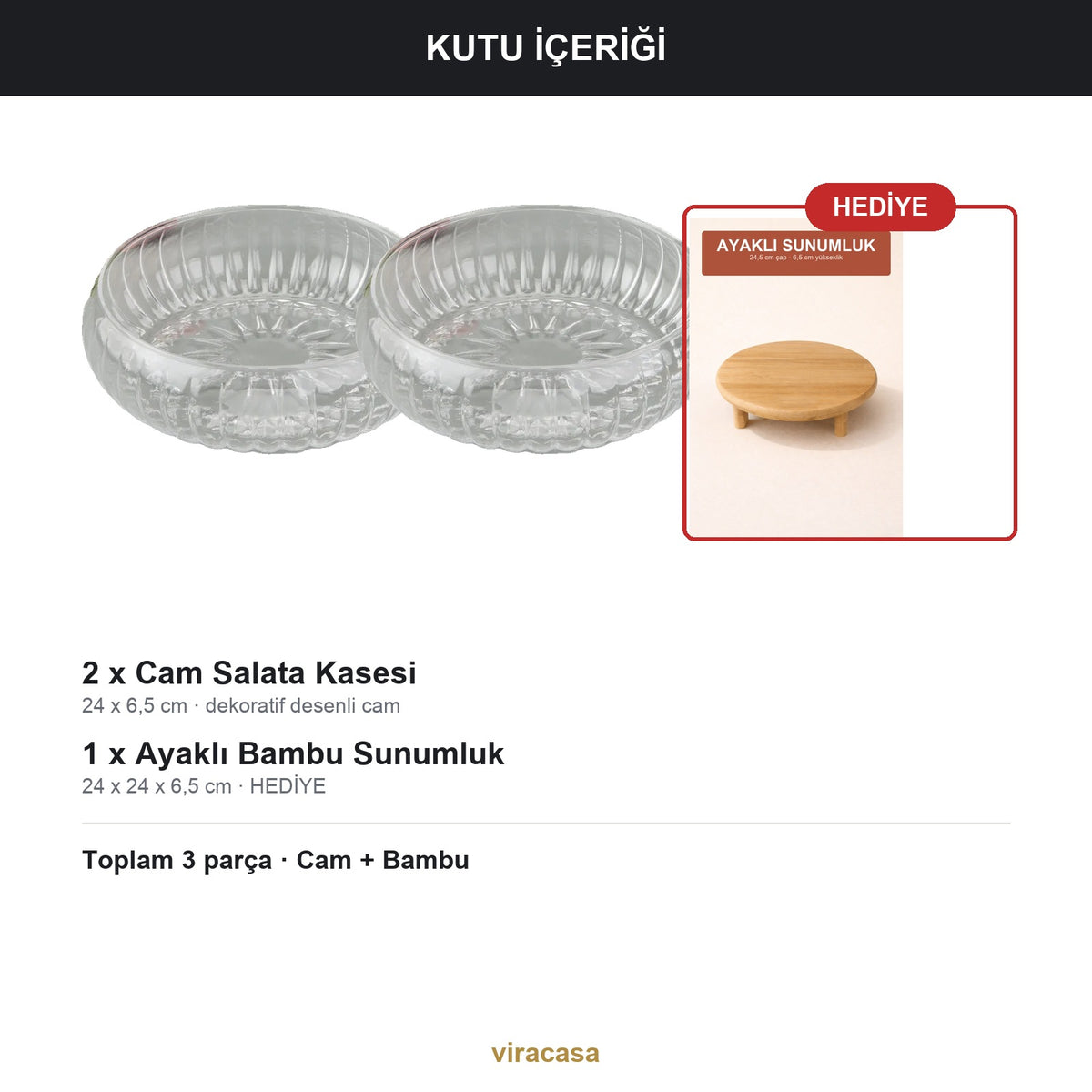 2'li Cam Salata Kasesi 24 cm + HEDİYE Ayaklı Bambu Sunumluk Servis Seti