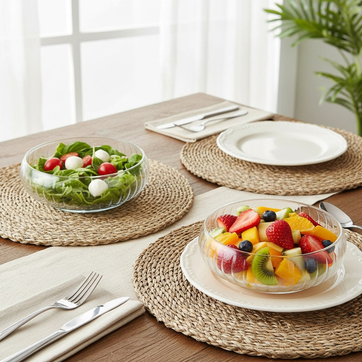 2'li Cam Salata Kasesi 24 cm + HEDİYE Ayaklı Bambu Sunumluk Servis Seti