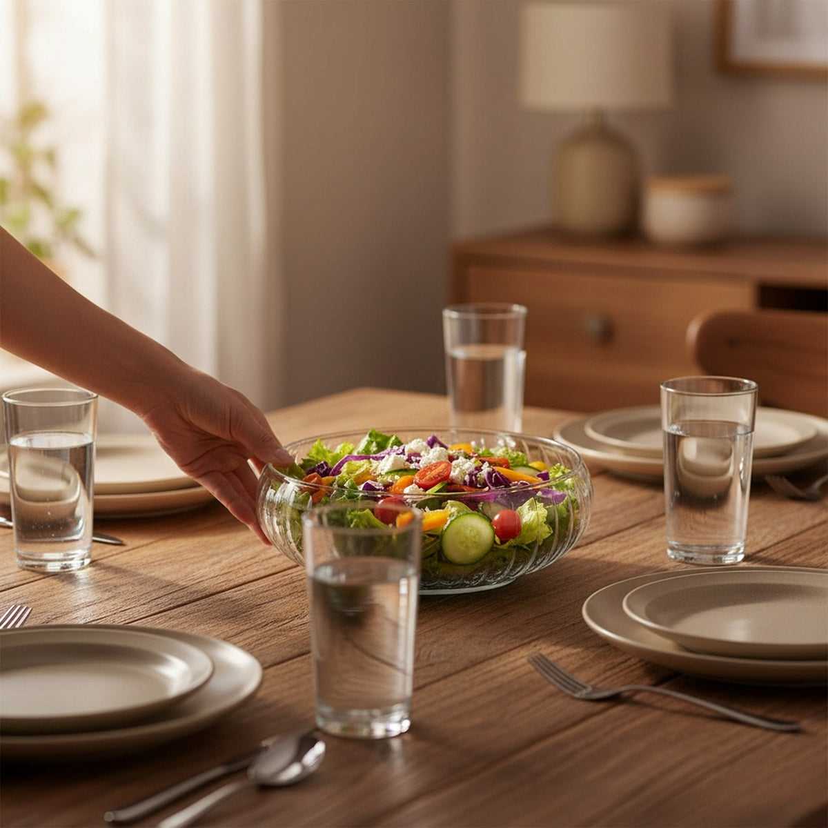 2'li Cam Salata Kasesi 24 cm + HEDİYE Ayaklı Bambu Sunumluk Servis Seti
