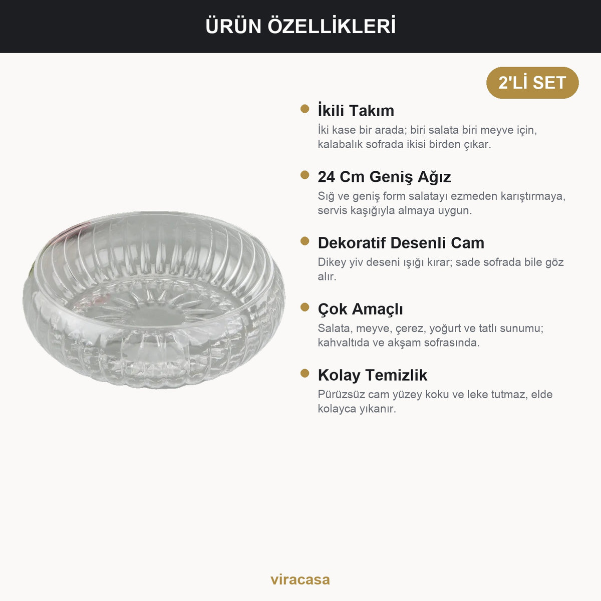 2'li Cam Salata Kasesi 24 cm Dekoratif Desenli Servis Kasesi Meyve ve Çerez Kasesi
