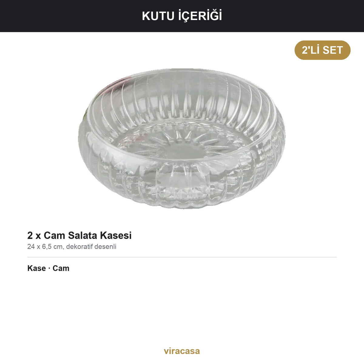 Cam Salata Kasesi 24 cm Dekoratif Desenli Servis Kasesi Meyve ve Çerez Kasesi