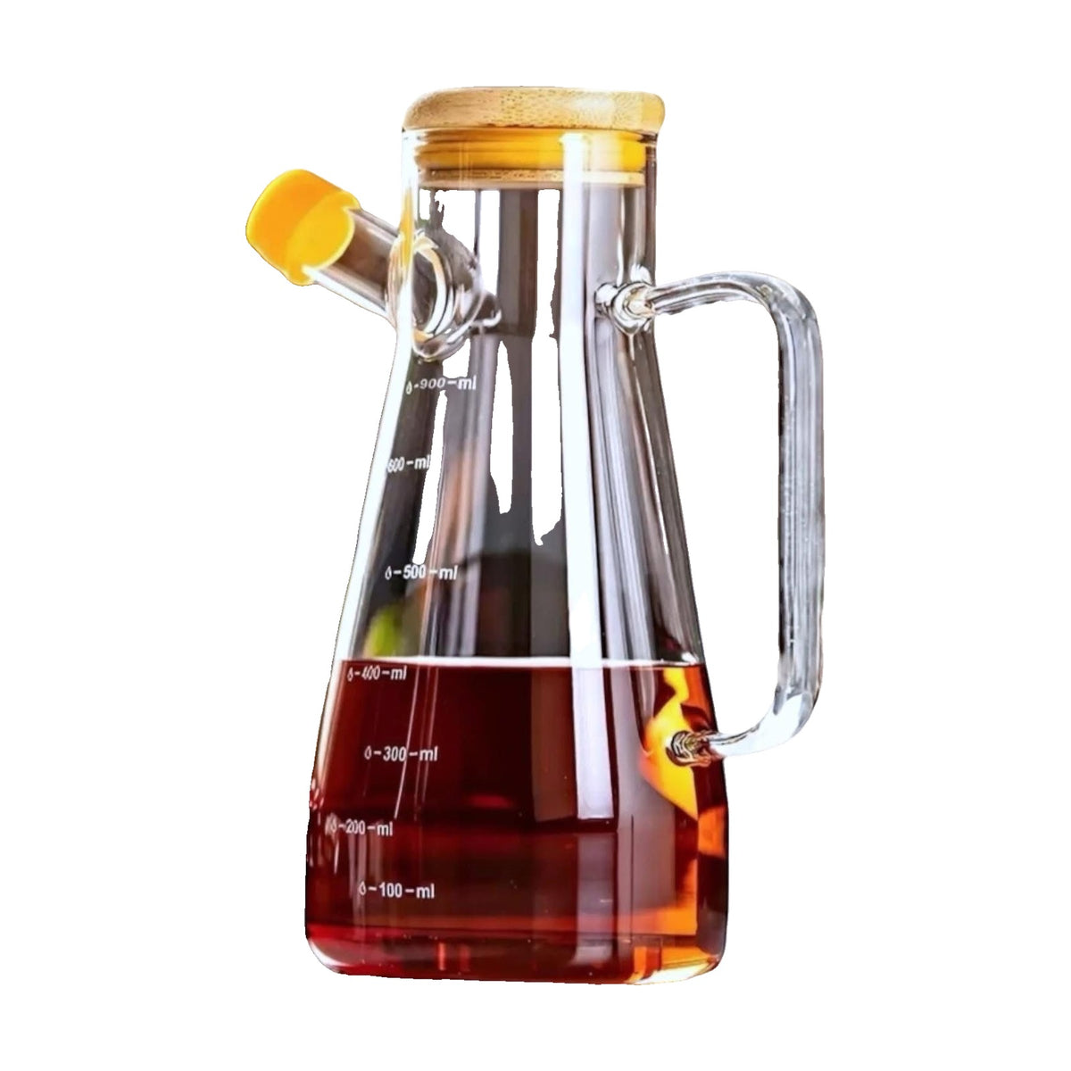 2'li Bambu Kapaklı Borosilikat Cam Yağdanlık 900 ml Ölçülü Zeytinyağı Sirke Şişesi