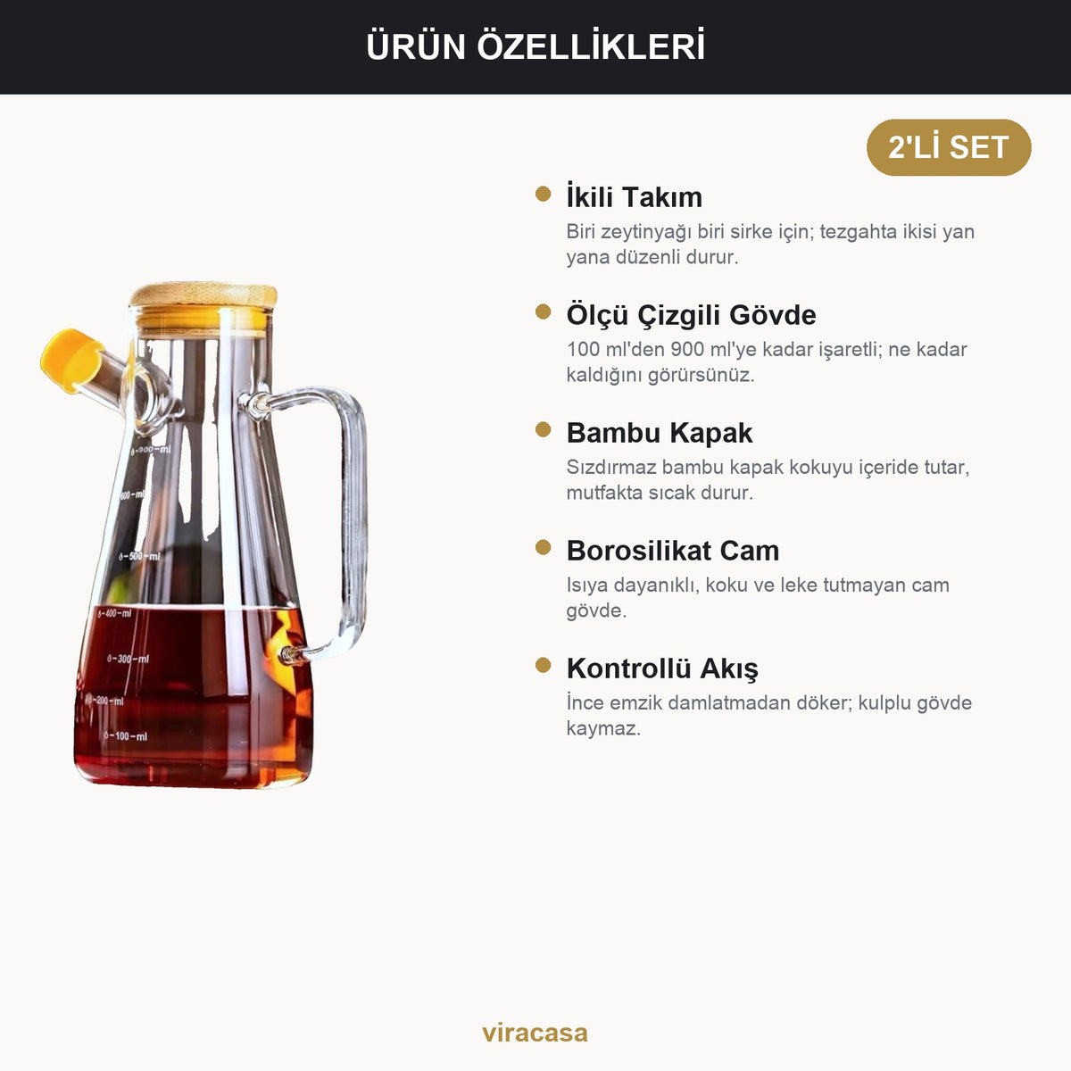 2'li Bambu Kapaklı Borosilikat Cam Yağdanlık 900 ml Ölçülü Zeytinyağı Sirke Şişesi