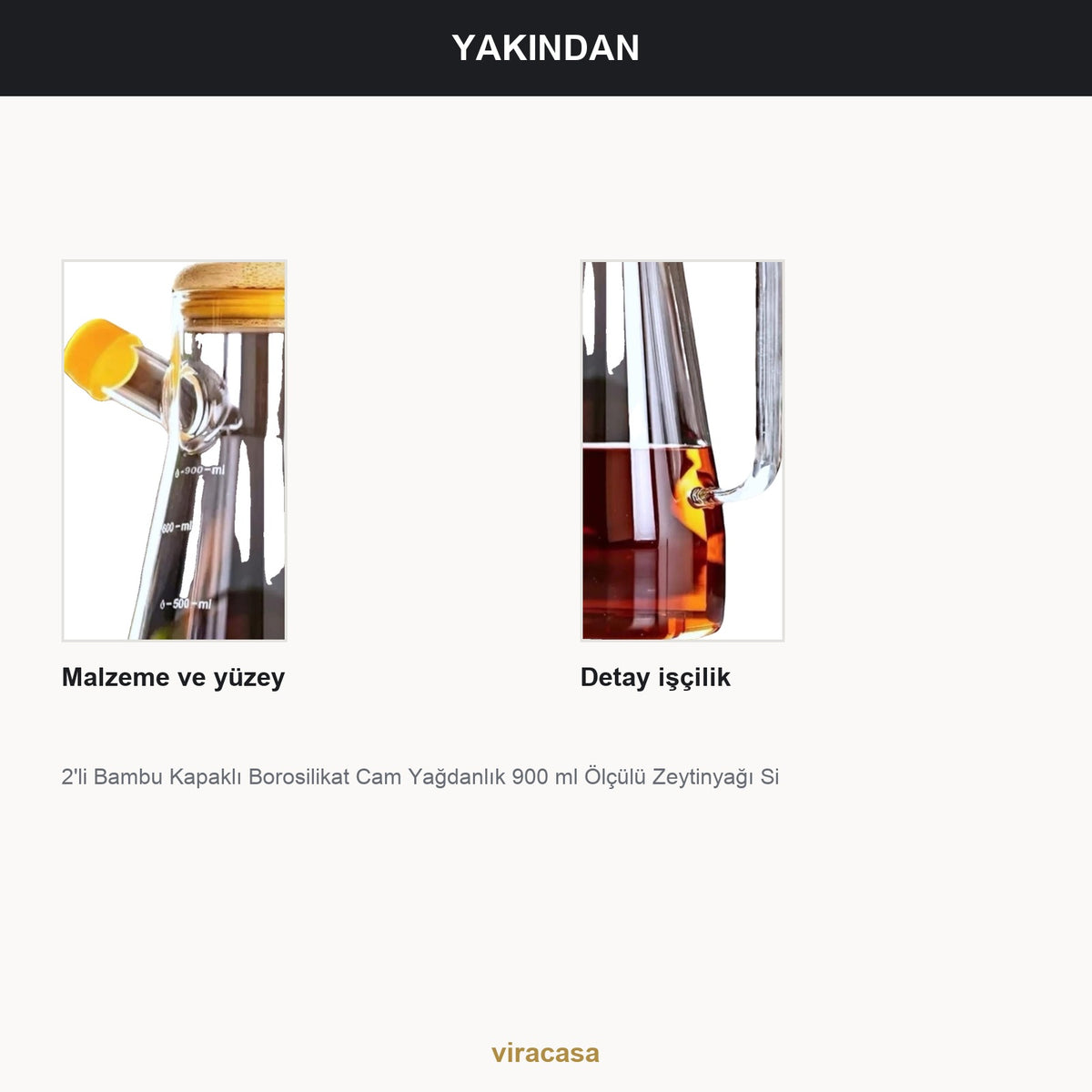 2'li Bambu Kapaklı Borosilikat Cam Yağdanlık 900 ml Ölçülü Zeytinyağı Sirke Şişesi