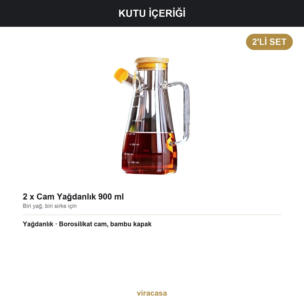 2'li Bambu Kapaklı Borosilikat Cam Yağdanlık 900 ml Ölçülü Zeytinyağı Sirke Şişesi