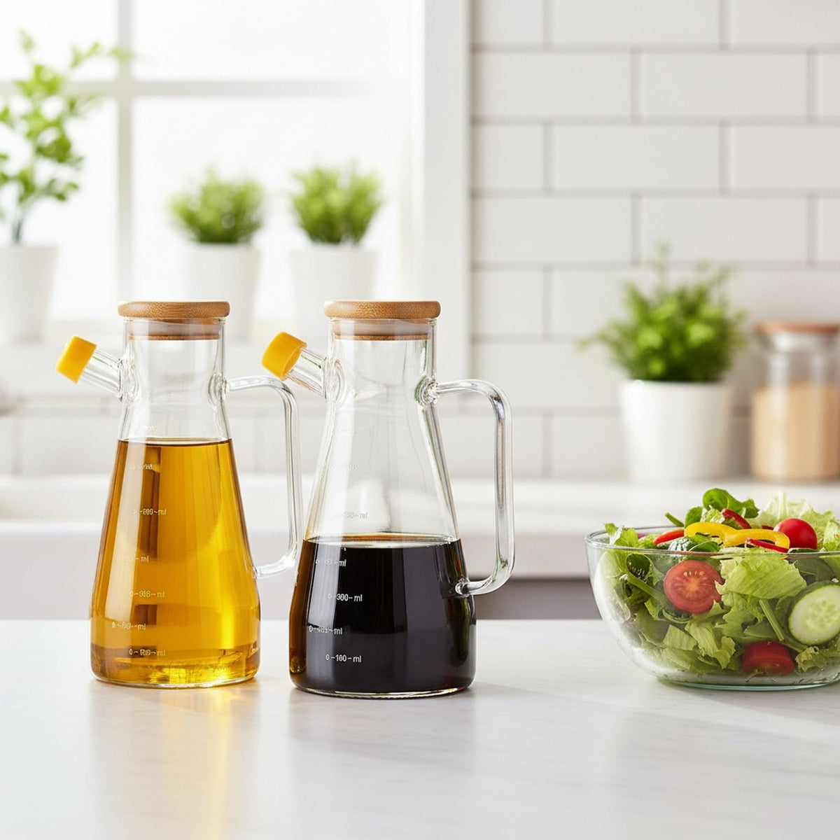 2'li Bambu Kapaklı Borosilikat Cam Yağdanlık 900 ml Ölçülü Zeytinyağı Sirke Şişesi