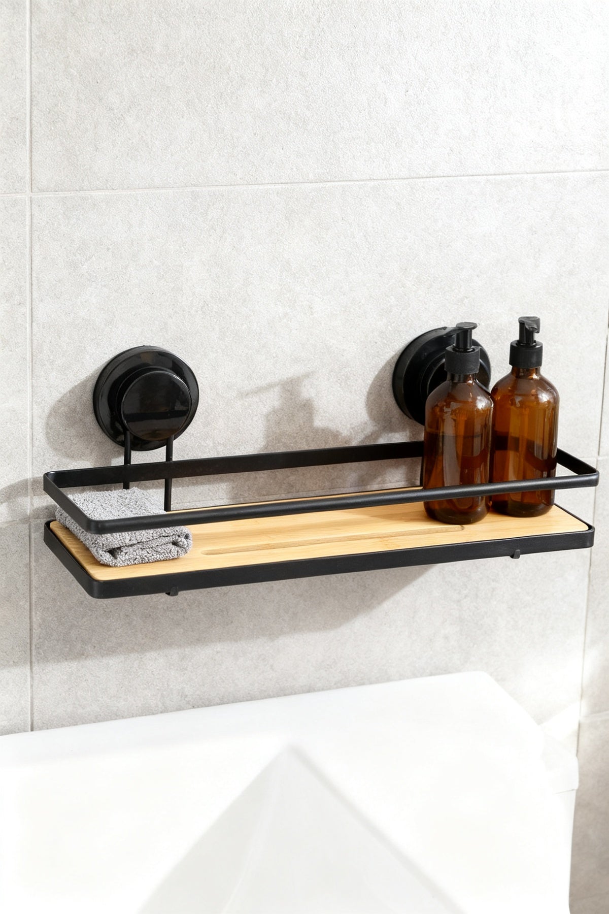 Yapışkanlı Bambu Banyo Rafı — Delme Gerektirmeyen Duş İçi Düzenleyici 4