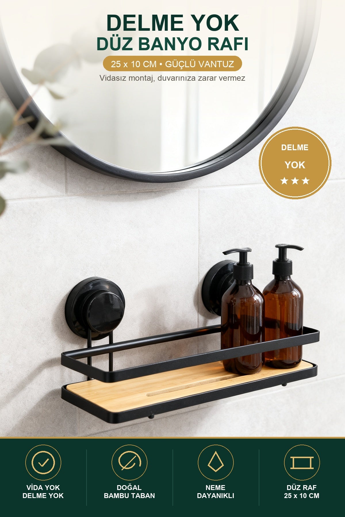 Yapışkanlı Bambu Banyo Rafı — Delme Gerektirmeyen Duş İçi Düzenleyici 1
