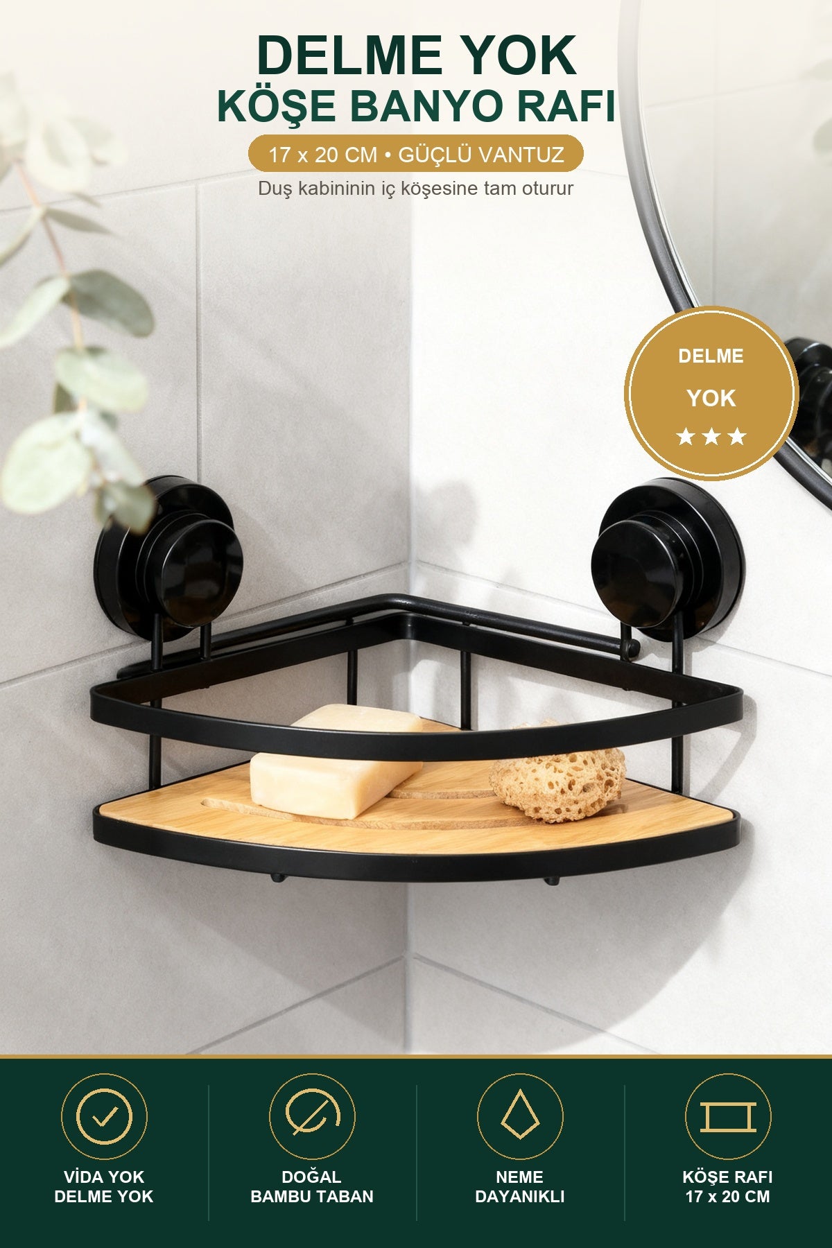 Yapışkanlı Bambu Banyo Rafı — Delme Gerektirmeyen Duş İçi Düzenleyici 2