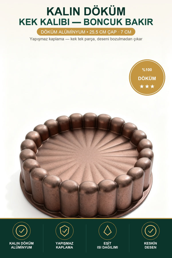 Döküm kek kalıbı Boncuk Kenar Bakır 25,5 cm