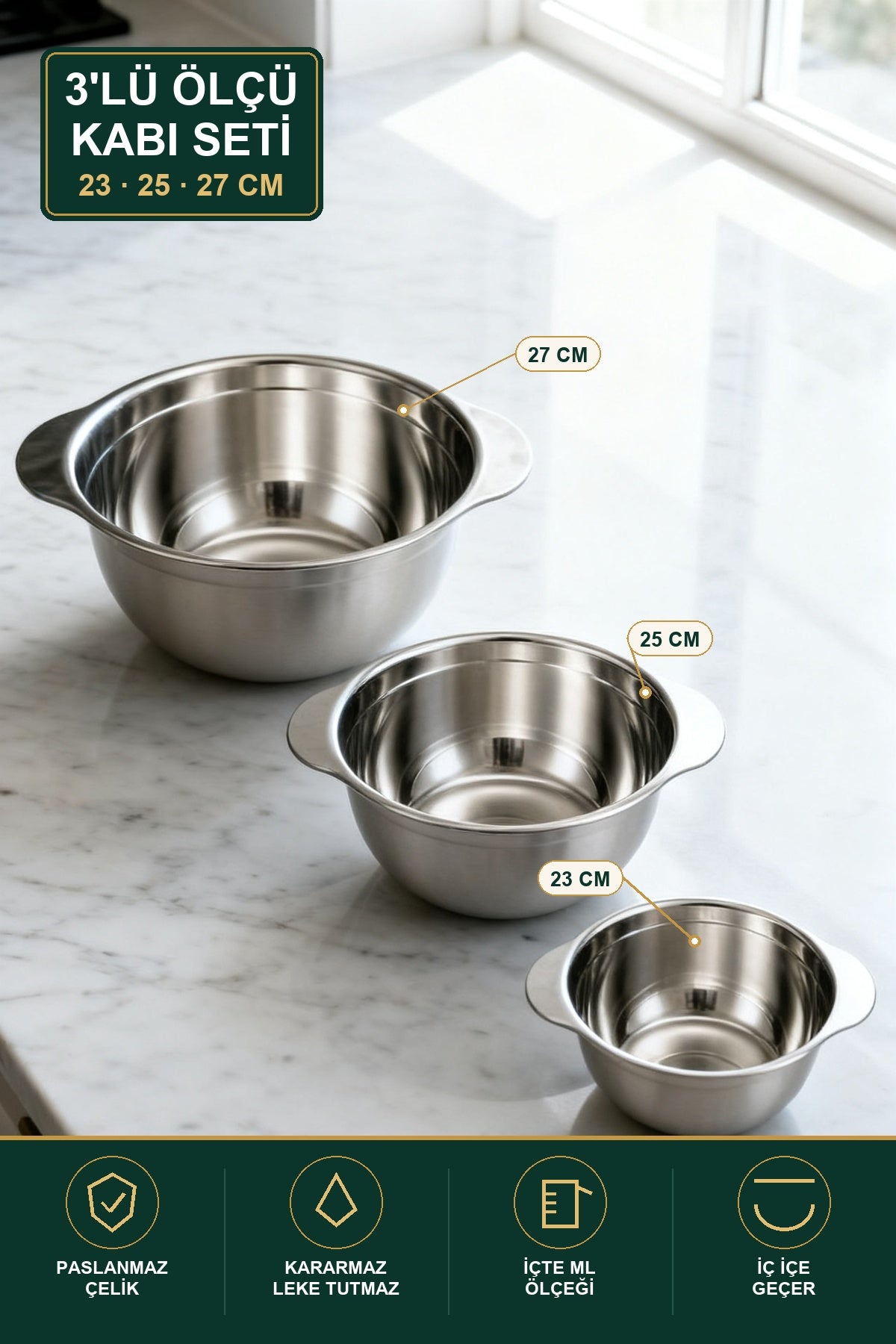 Paslanmaz Çelik Ölçekli Karıştırma Kabı 3'lü Set — 1500 / 1850 / 2400 ml 1