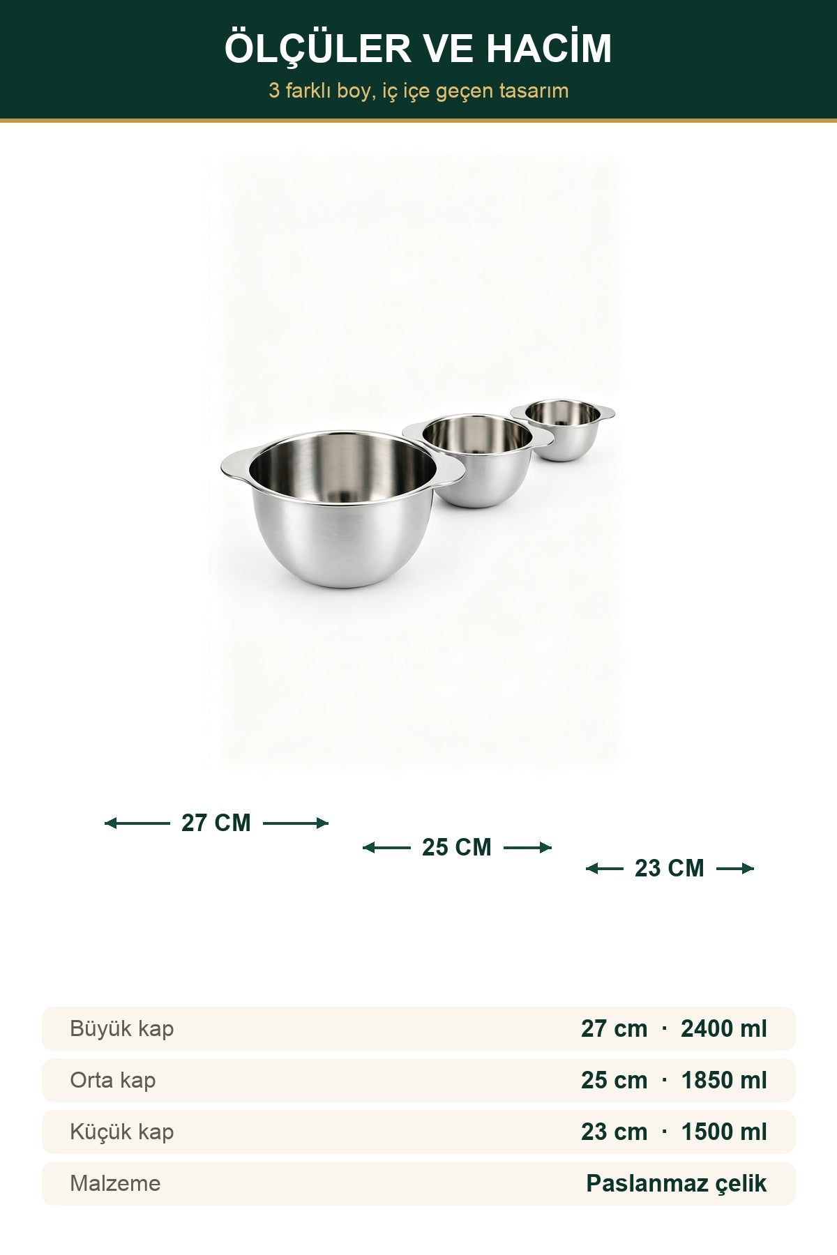 Paslanmaz Çelik Ölçekli Karıştırma Kabı 3'lü Set — 1500 / 1850 / 2400 ml 4