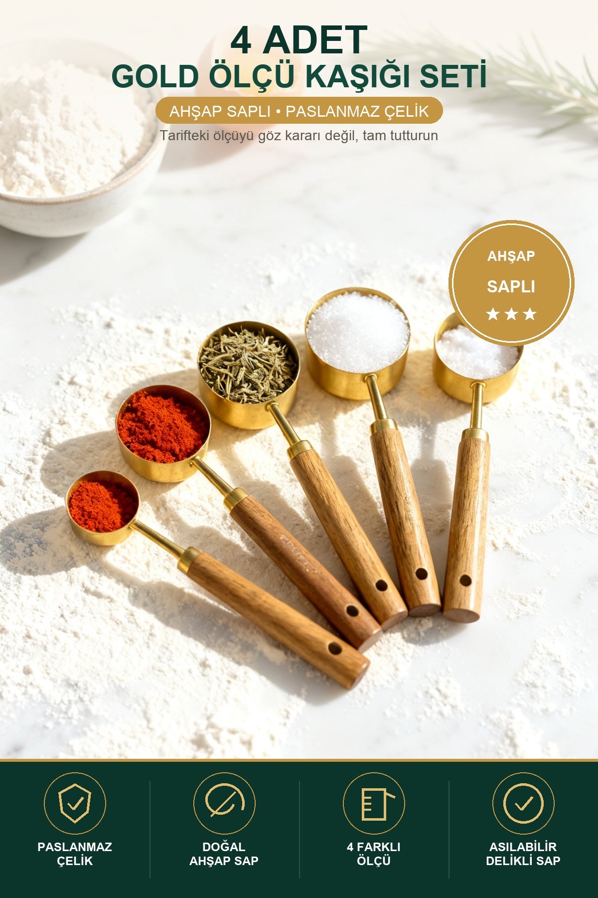 4'lü Gold Ölçü Kaşığı Seti — Ahşap Saplı, Paslanmaz Çelik 1