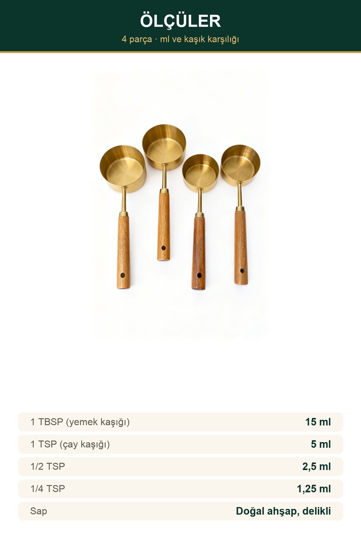 4'lü Gold Ölçü Kaşığı Seti — Ahşap Saplı, Paslanmaz Çelik 3