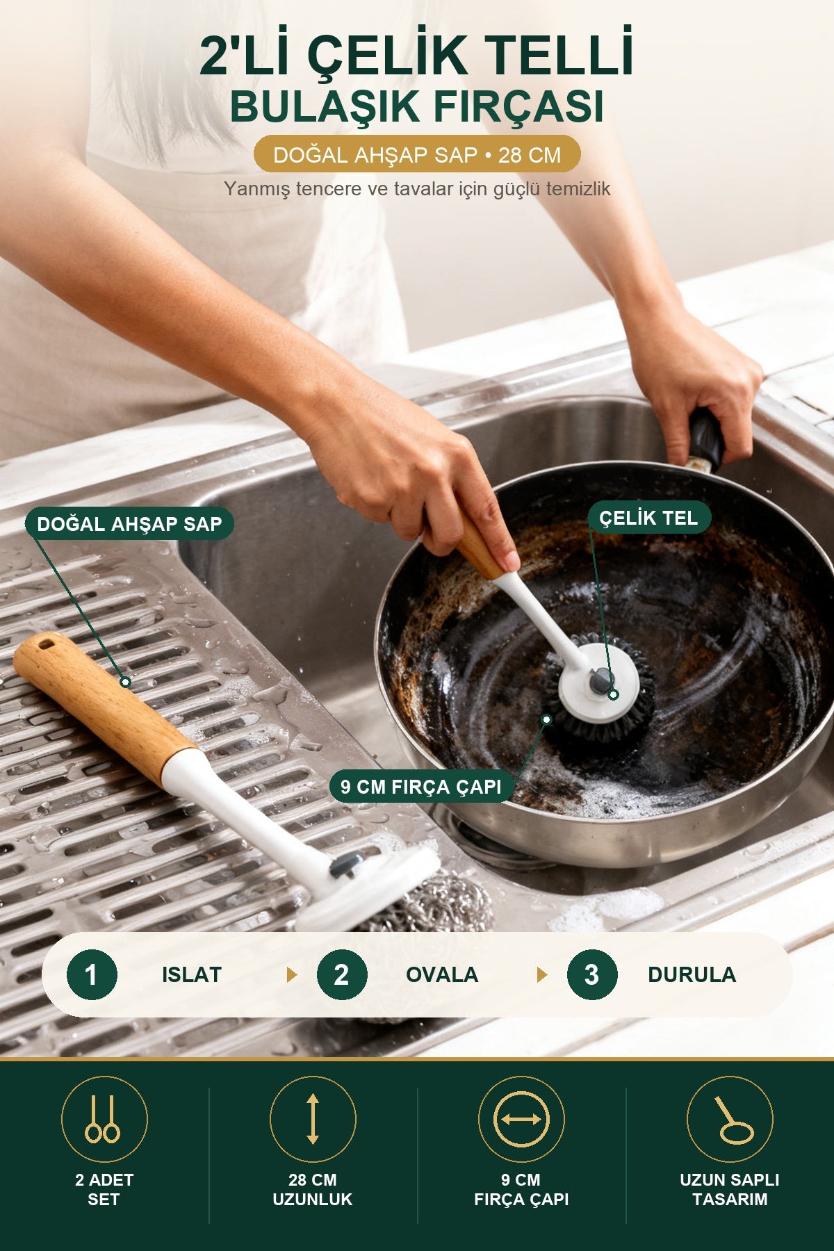 Ahşap Saplı Çelik Telli Bulaşık Fırçası 2'li Set — 28 cm Uzun Saplı 1