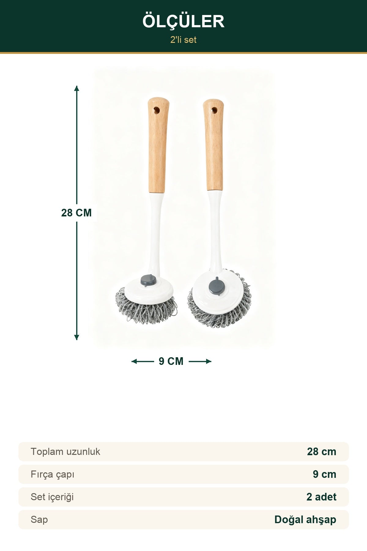 Ahşap Saplı Çelik Telli Bulaşık Fırçası 2'li Set — 28 cm Uzun Saplı 4