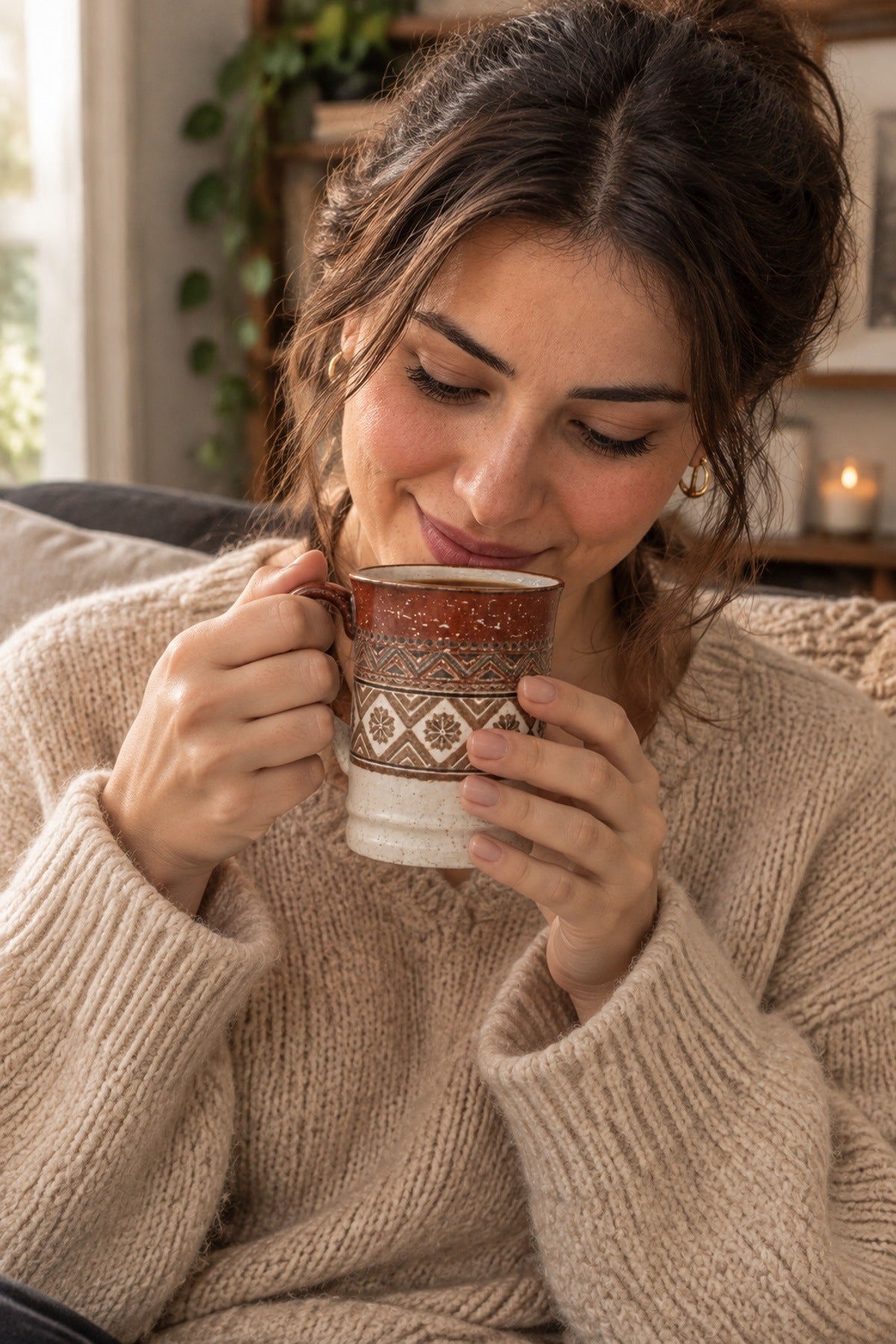 Etnik Desen Porselen Kupa 400 ml Kilim Desenli Büyük Kahve Çay Kupası Kahverengi