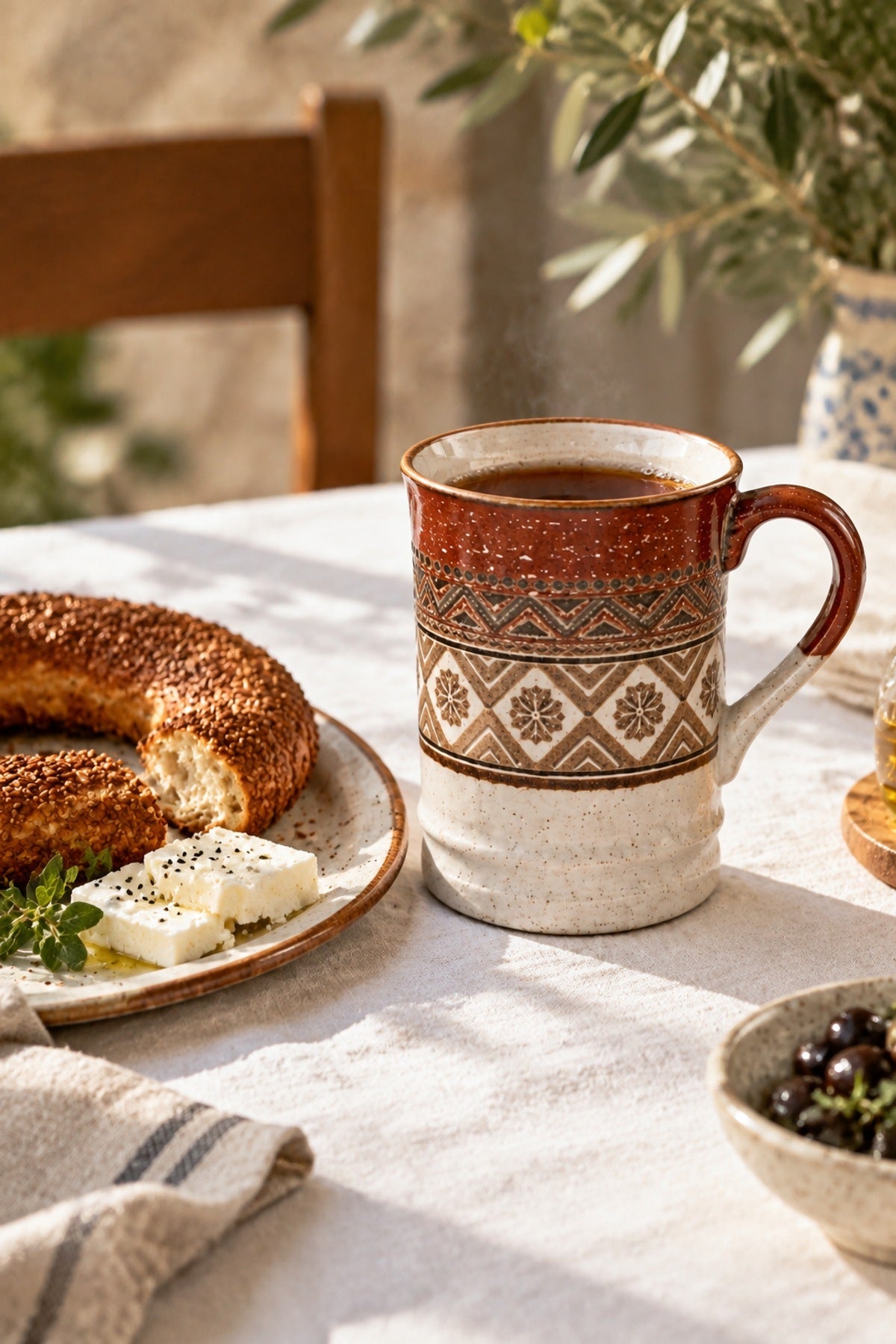 Etnik Desen Porselen Kupa 400 ml Kilim Desenli Büyük Kahve Çay Kupası Kahverengi