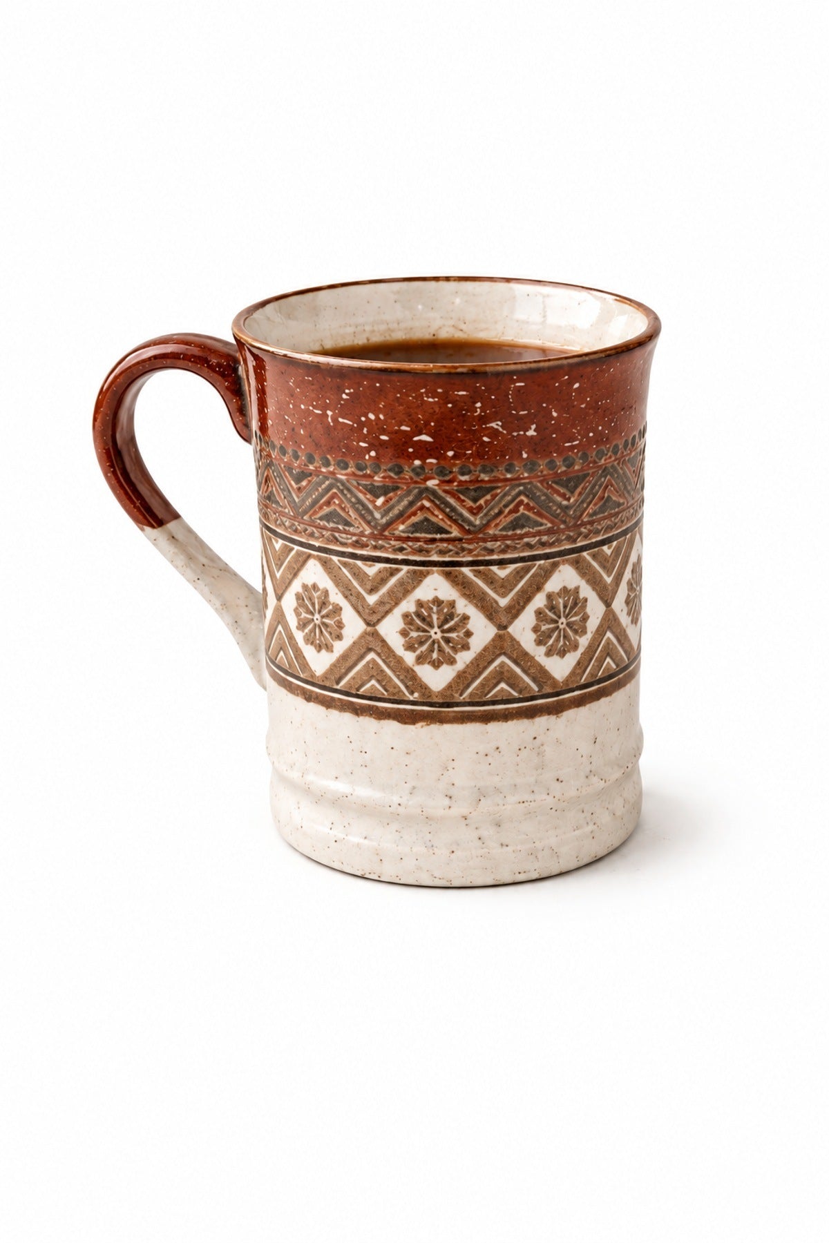 Etnik Desen Porselen Kupa 400 ml Kilim Desenli Büyük Kahve Çay Kupası Kahverengi