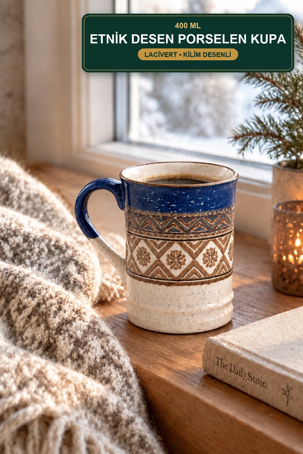 Etnik Desen Porselen Kupa 400 ml Kilim Desenli Büyük Kahve Çay Kupası Lacivert