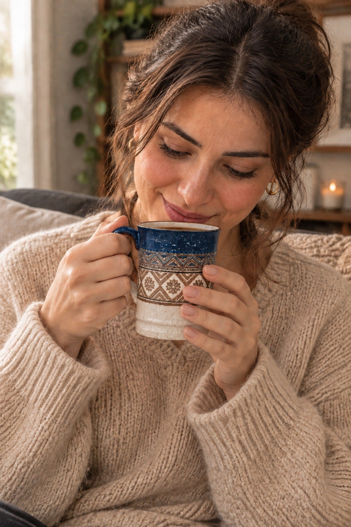 Etnik Desen Porselen Kupa 400 ml Kilim Desenli Büyük Kahve Çay Kupası Lacivert