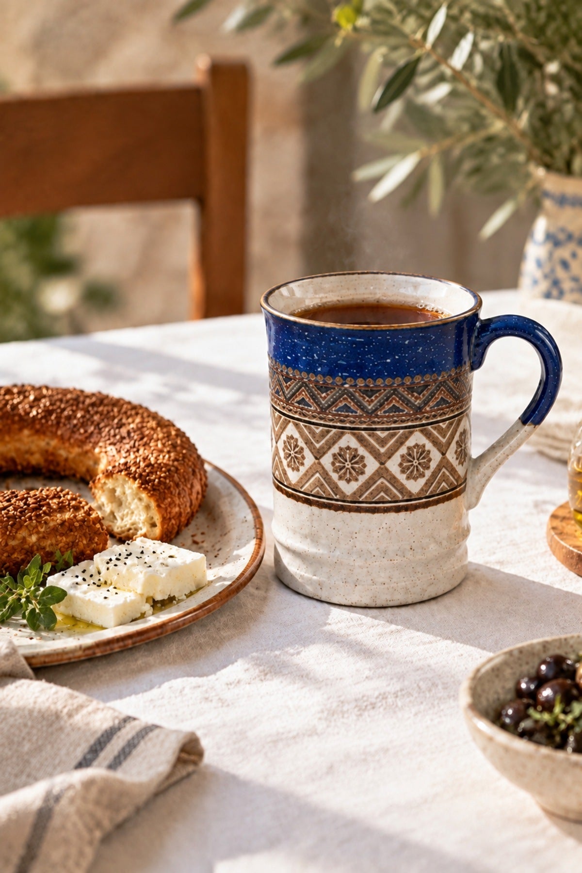 Etnik Desen Porselen Kupa 400 ml Kilim Desenli Büyük Kahve Çay Kupası Lacivert