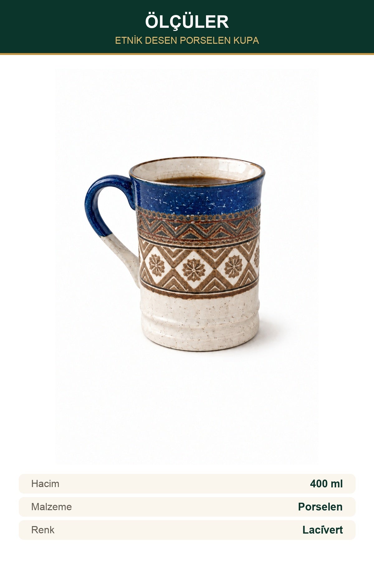 Etnik Desen Porselen Kupa 400 ml Kilim Desenli Büyük Kahve Çay Kupası Lacivert