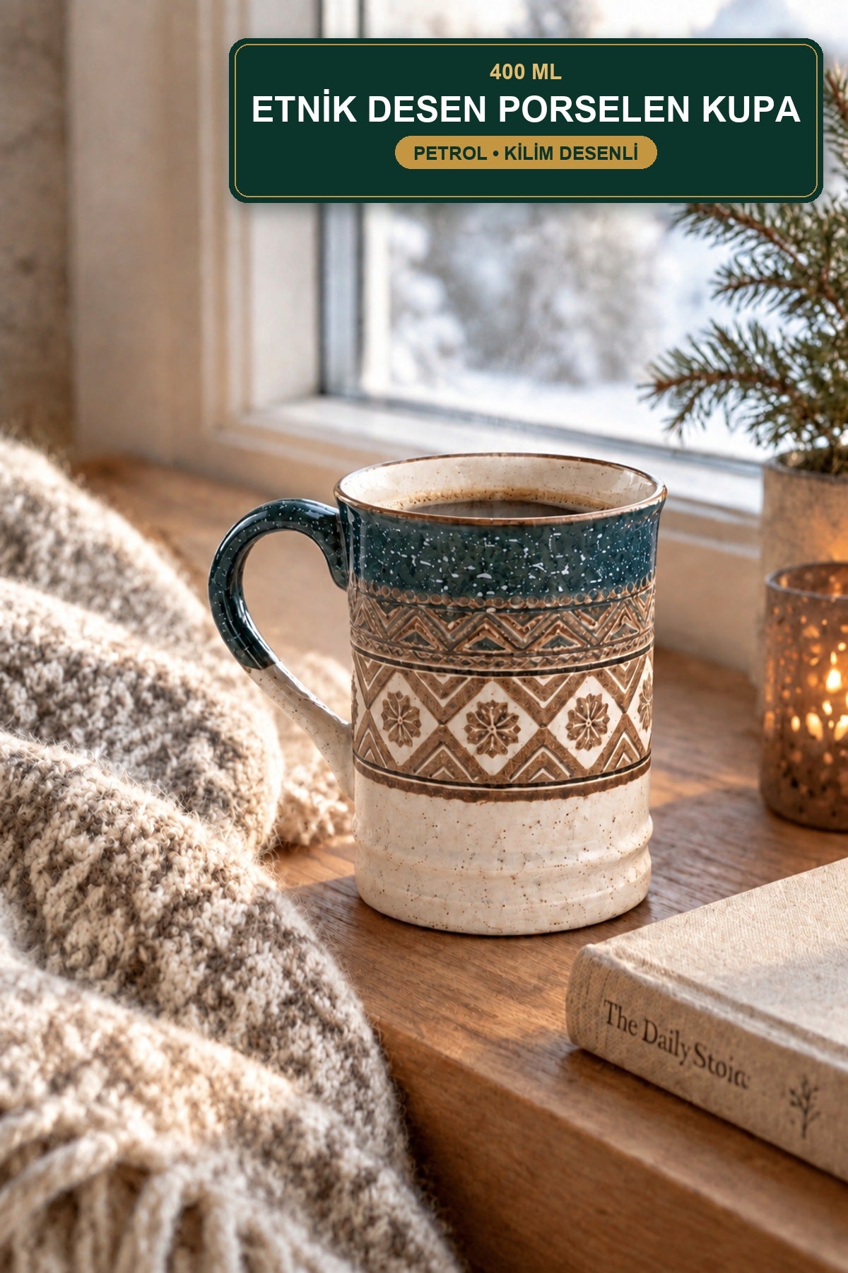 Etnik Desen Porselen Kupa 400 ml Kilim Desenli Büyük Kahve Çay Kupası Petrol