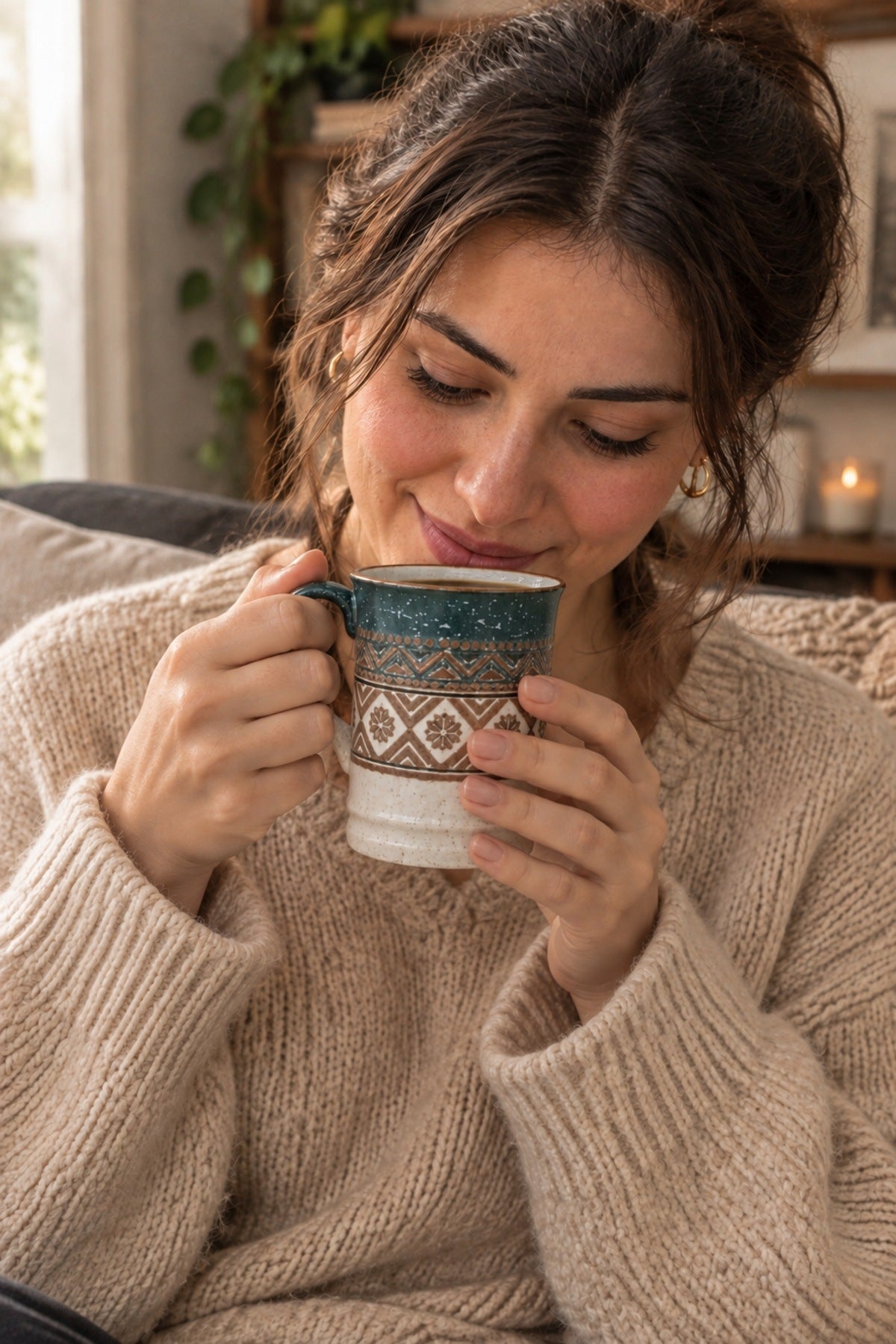 Etnik Desen Porselen Kupa 400 ml Kilim Desenli Büyük Kahve Çay Kupası Petrol