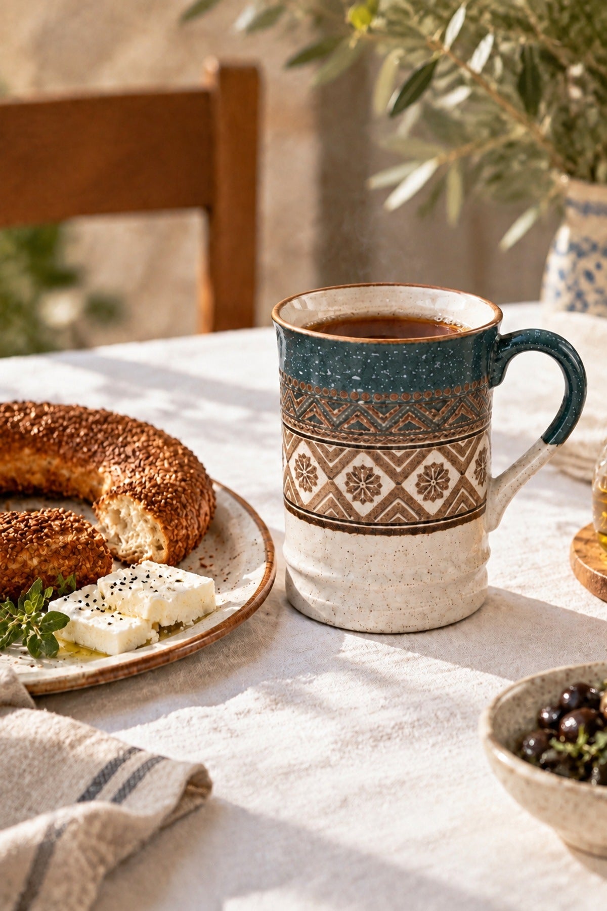 Etnik Desen Porselen Kupa 400 ml Kilim Desenli Büyük Kahve Çay Kupası Petrol