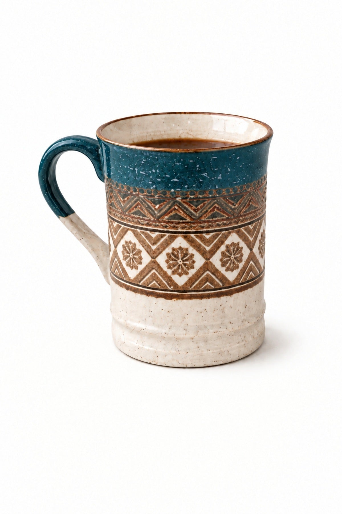 Etnik Desen Porselen Kupa 400 ml Kilim Desenli Büyük Kahve Çay Kupası Petrol