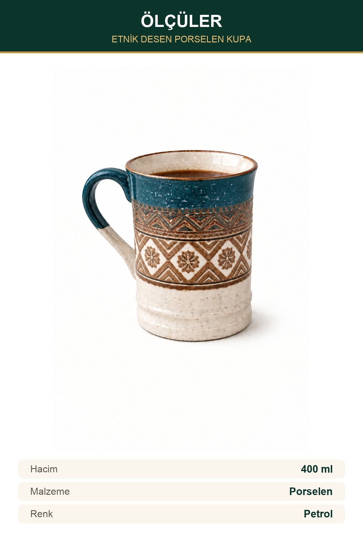 Etnik Desen Porselen Kupa 400 ml Kilim Desenli Büyük Kahve Çay Kupası Petrol