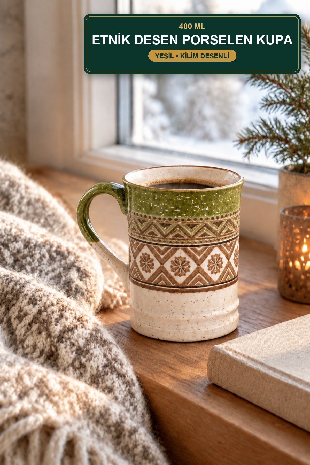 Etnik Desen Porselen Kupa 400 ml Kilim Desenli Büyük Kahve Çay Kupası Yeşil