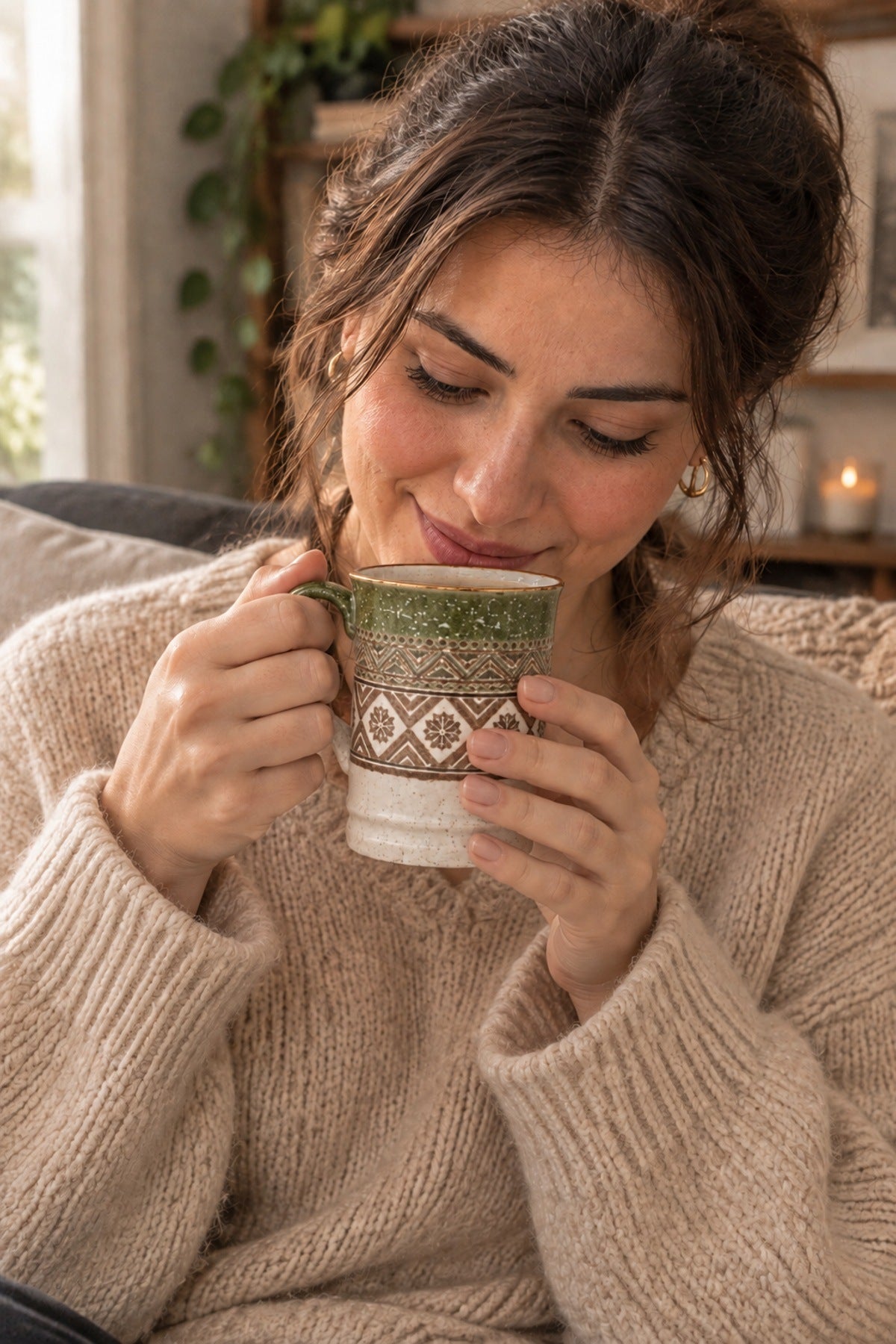 Etnik Desen Porselen Kupa 400 ml Kilim Desenli Büyük Kahve Çay Kupası Yeşil