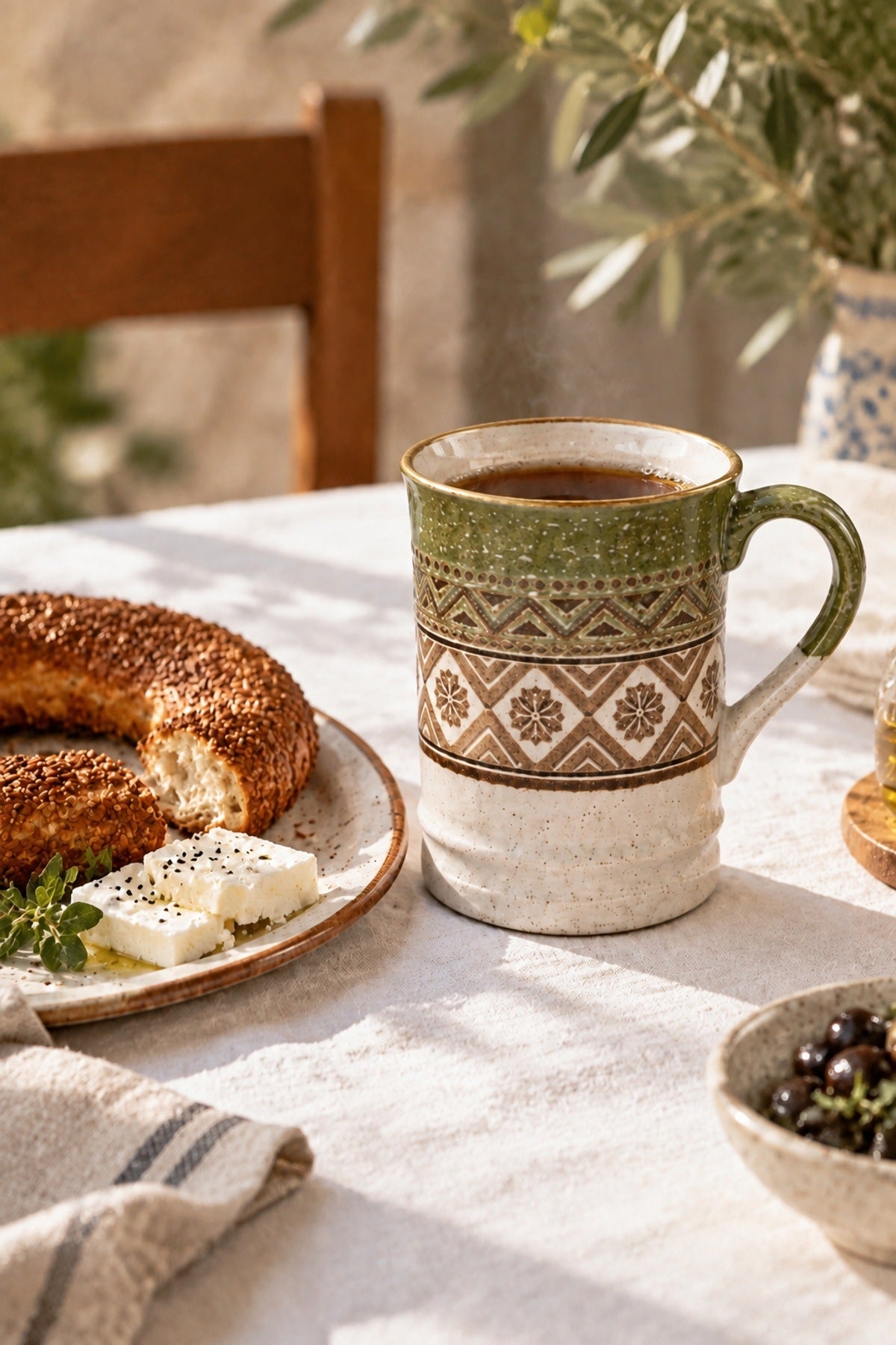 Etnik Desen Porselen Kupa 400 ml Kilim Desenli Büyük Kahve Çay Kupası Yeşil