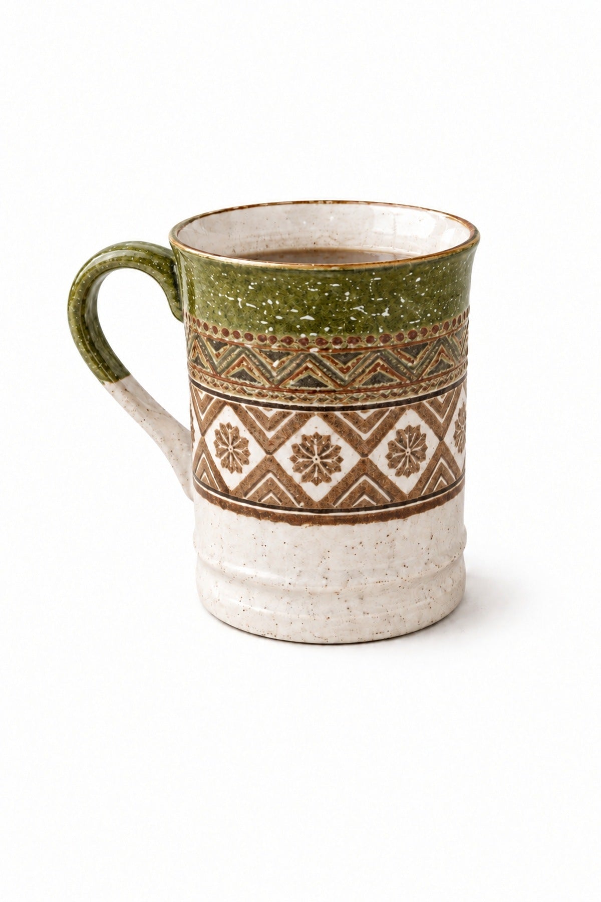Etnik Desen Porselen Kupa 400 ml Kilim Desenli Büyük Kahve Çay Kupası Yeşil