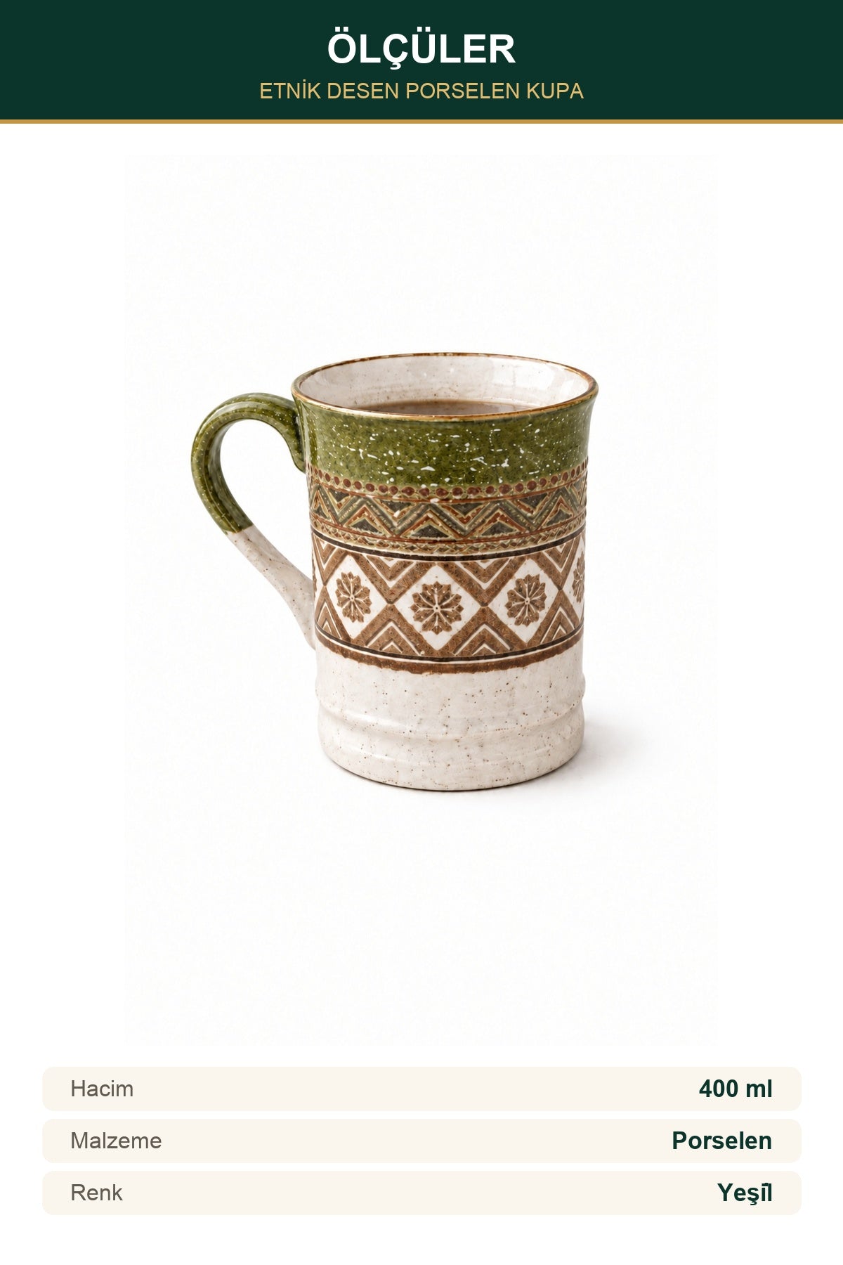 Etnik Desen Porselen Kupa 400 ml Kilim Desenli Büyük Kahve Çay Kupası Yeşil