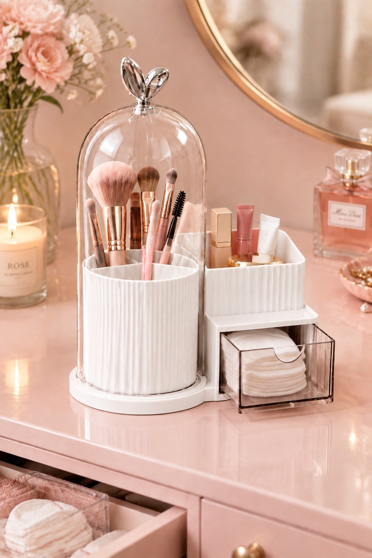 Kubbe Kapaklı Makyaj Organizeri Fırçalık Çekmeceli Kozmetik Düzenleyic Beyaz