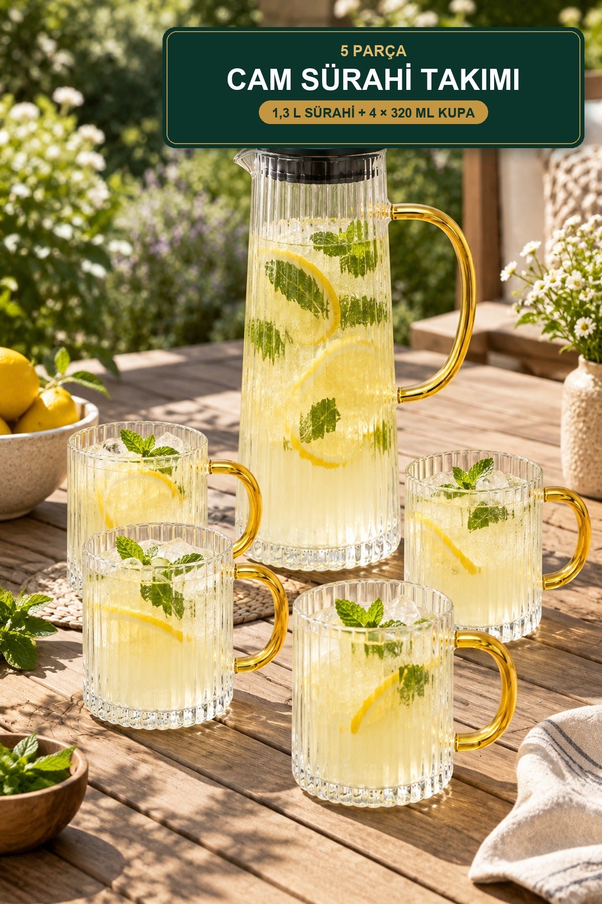 Borosilikat Cam Sürahi Takımı 5 Parça 1,3 L Sürahi + 4 Kupa 320 ml Gol