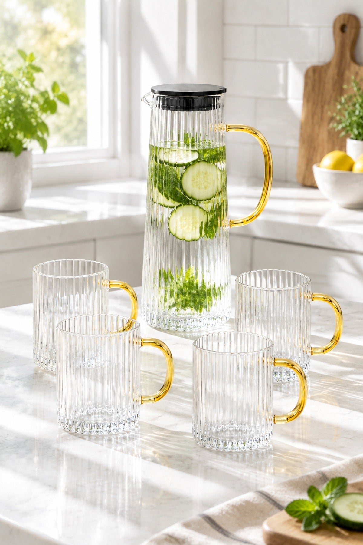 Borosilikat Cam Sürahi Takımı 5 Parça 1,3 L Sürahi + 4 Kupa 320 ml Gol