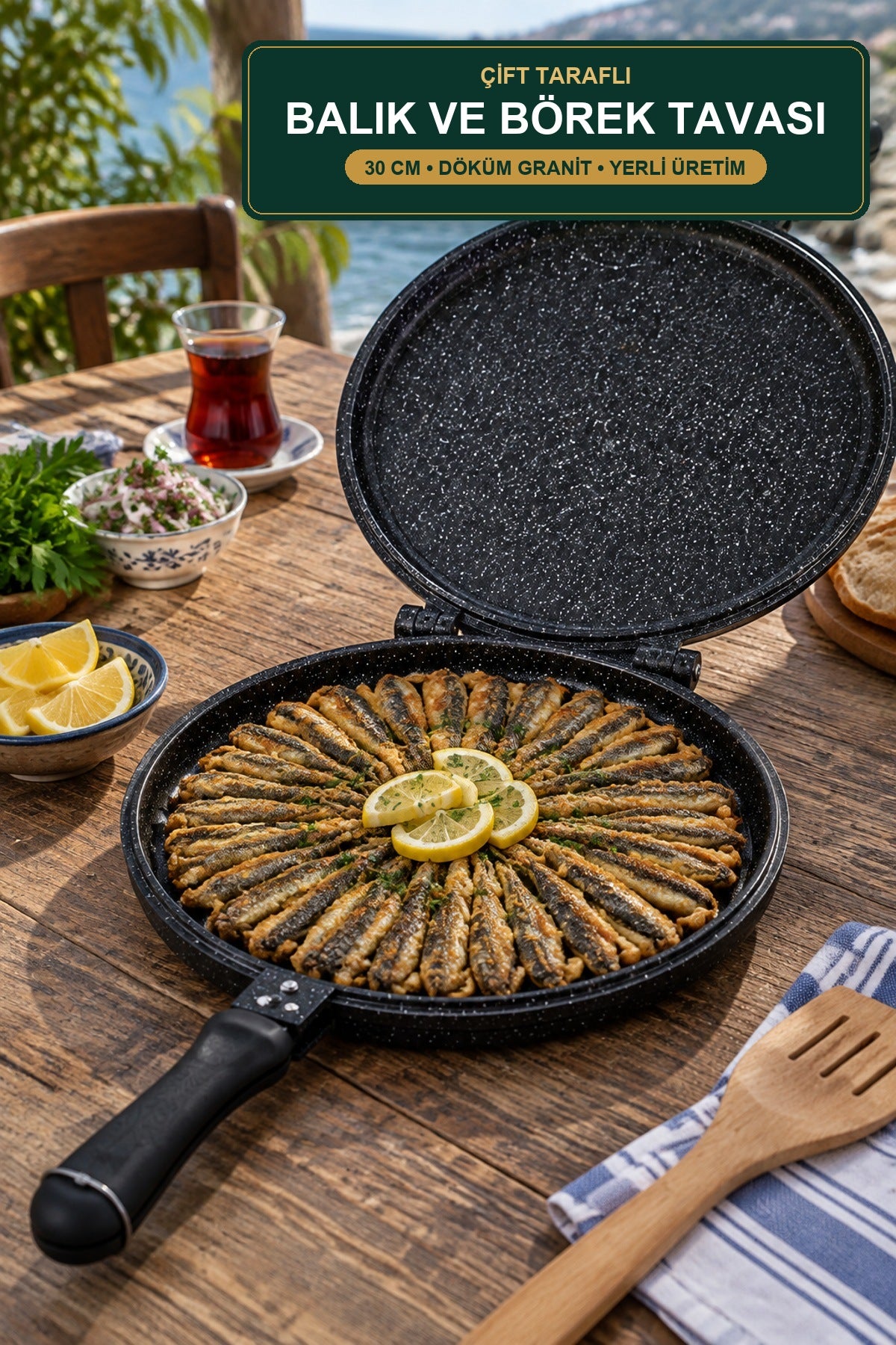Çift Taraflı Balık ve Börek Tavası 30 cm Döküm Granit Hamsi Tavası Yer