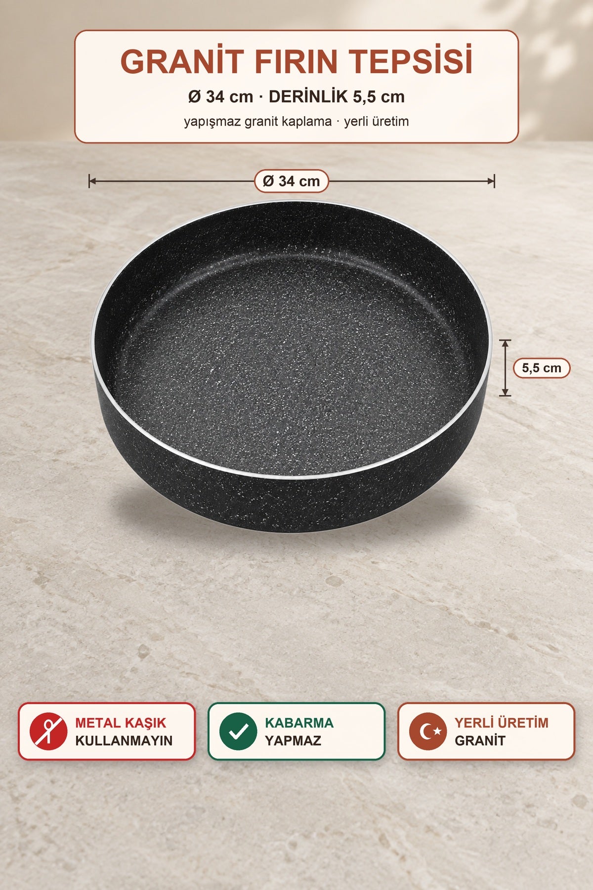 Granit Fırın Tepsisi Yuvarlak Börek Tepsisi Yapışmaz Döküm Tepsi Siyah Ø34cm