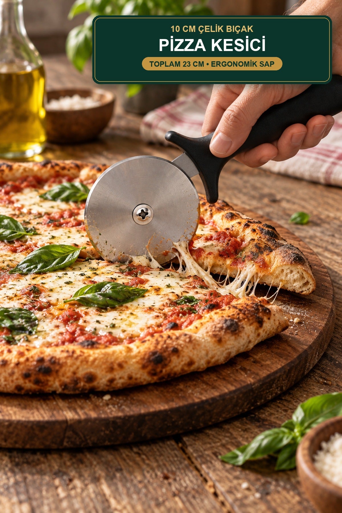 Pizza Kesici 10 cm Paslanmaz Çelik Bıçaklı Ergonomik Saplı Pizza Lahma