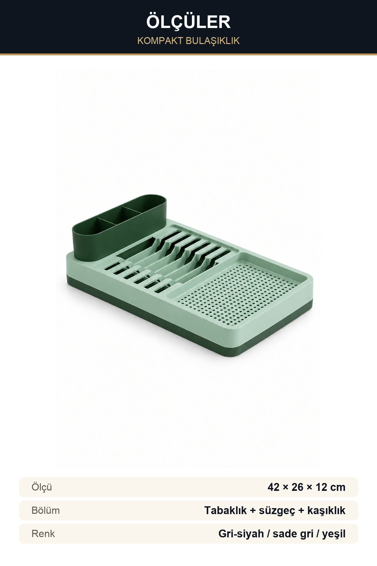 Tezgah Üstü Bulaşıklık Kaşıklıklı Tabaklık 42x26x12 cm Kompakt Bulaşık Yeşil